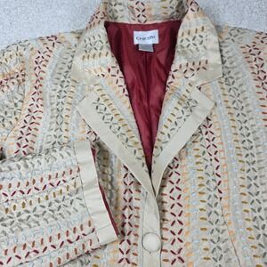 Chicos Blazer Womens Size 1‎ Ivory Silk Embroidered Long Sleeve Notch Collar